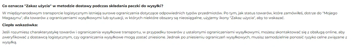 Polska wersja dokumentu ACBuy o ograniczeniach wysyłkowych: co oznacza zakaz użycia metody dostawy przy składaniu paczki