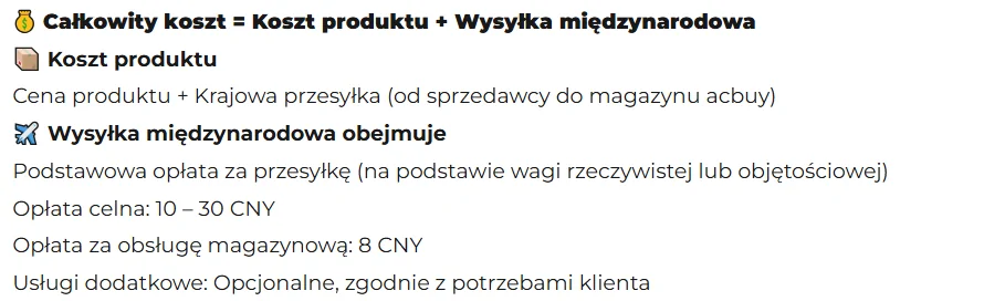 Fragment polskiej wersji dokumentu ACBuy o kosztach: całkowity koszt to koszt produktu plus wysyłka międzynarodowa, w tym opłata za obsługę magazynową 8 CNY