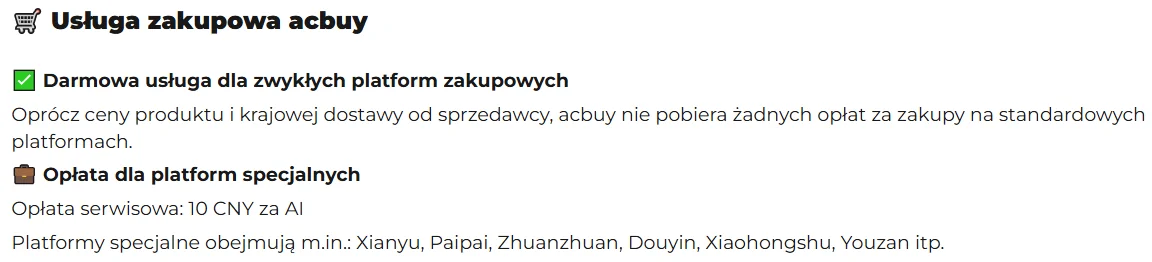 Polska wersja dokumentu ACBuy: darmowa usługa dla zwykłych platform i opłata 10 CNY za pozycję dla platform specjalnych