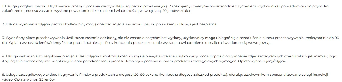 Polska wersja dokumentu ACBuy o płatnych usługach magazynowych z listą usług dodatkowych