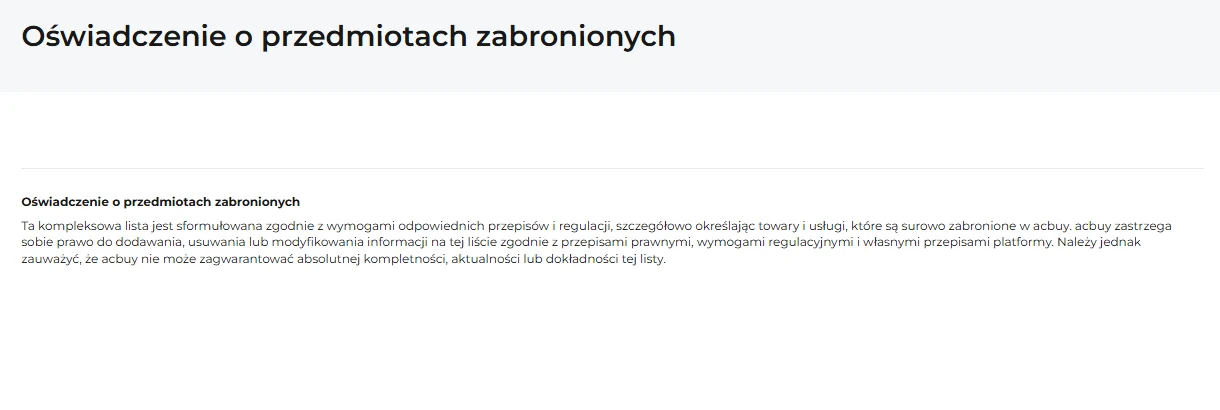 Polska wersja strony Oświadczenie o przedmiotach zabronionych: tytuł i jeden akapit wstępu, bez listy zakazanych kategorii