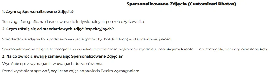 Polska wersja dokumentu ACBuy o zdjęciach na zamówienie z opisem standardowych zdjęć i płatnych zdjęć szczegółów