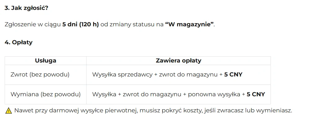 Polska wersja dokumentu ACBuy o zwrotach bez podania przyczyny z warunkami i opłatami