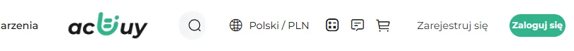 Górny pasek strony ACBuy z menu Strona główna, Zamówienie DIY, Przewodnik, Pomoc, Wydarzenia i przełącznikiem Polski / PLN