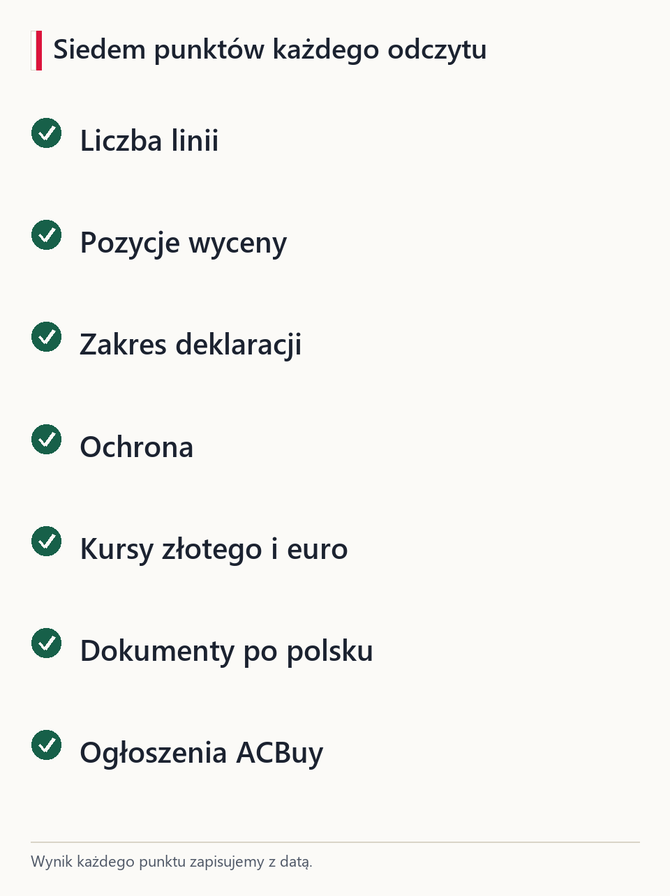 Lista siedmiu punktów odczytu: liczba linii, pozycje wyceny, zakres deklaracji, ochrona, kursy, dokumenty, ogłoszenia