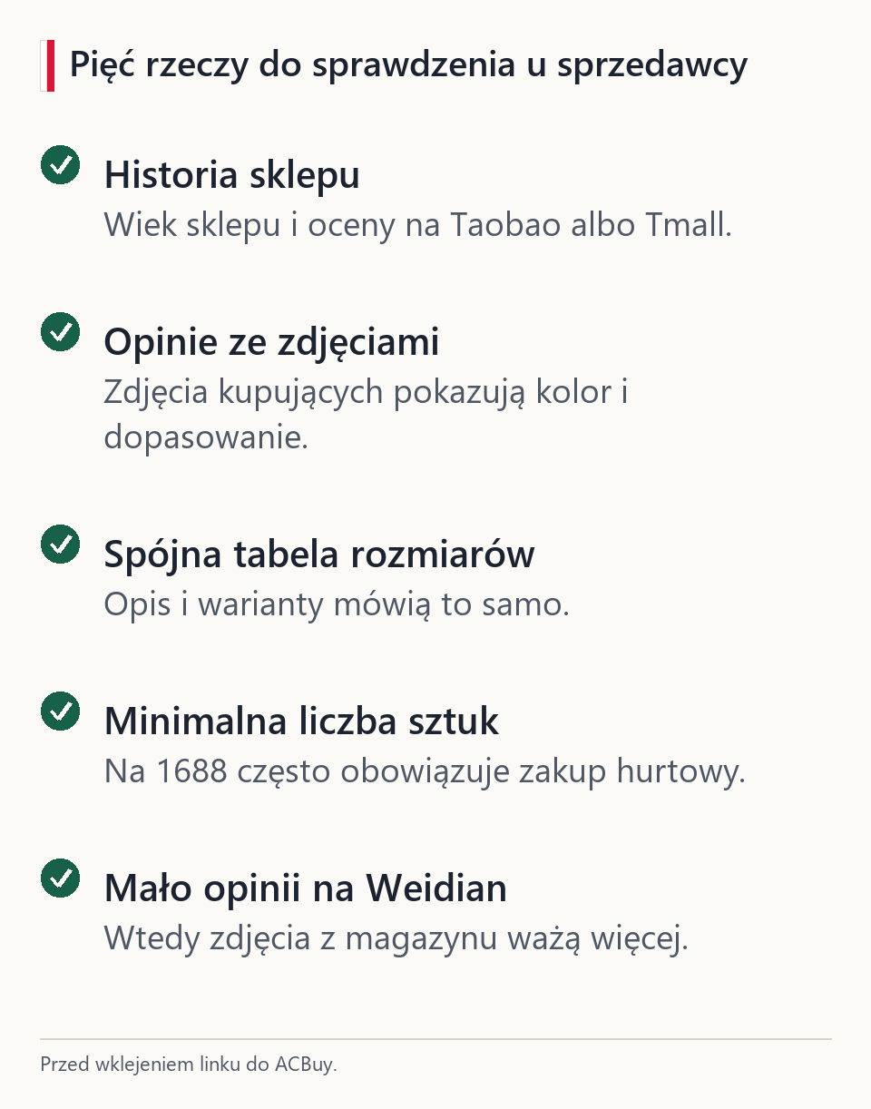 Lista kontrolna oceny sprzedawcy: historia sklepu, opinie ze zdjęciami, spójna tabela rozmiarów, minimalna liczba sztuk na 1688, mało opinii na Weidian