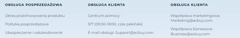 Stopka polskiej wersji ACBuy z sekcją Obsługa klienta: Centrum pomocy 9/7 w godzinach 09:00–18:00 czasu pekińskiego i adres Support@acbuy.com