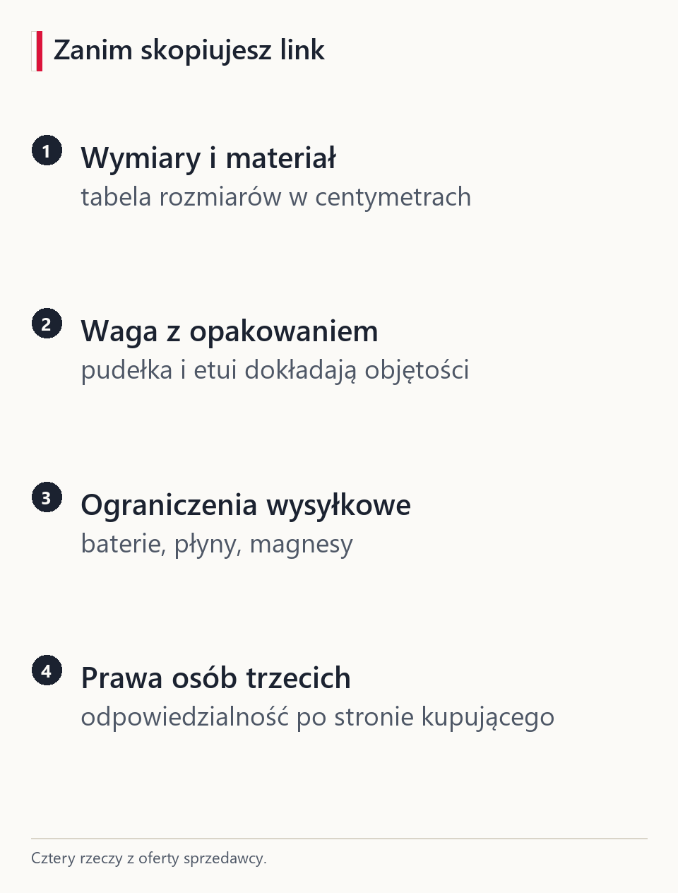 Lista kontrolna przed skopiowaniem linku: wymiary i materiał, waga z opakowaniem, ograniczenia wysyłkowe, prawa osób trzecich