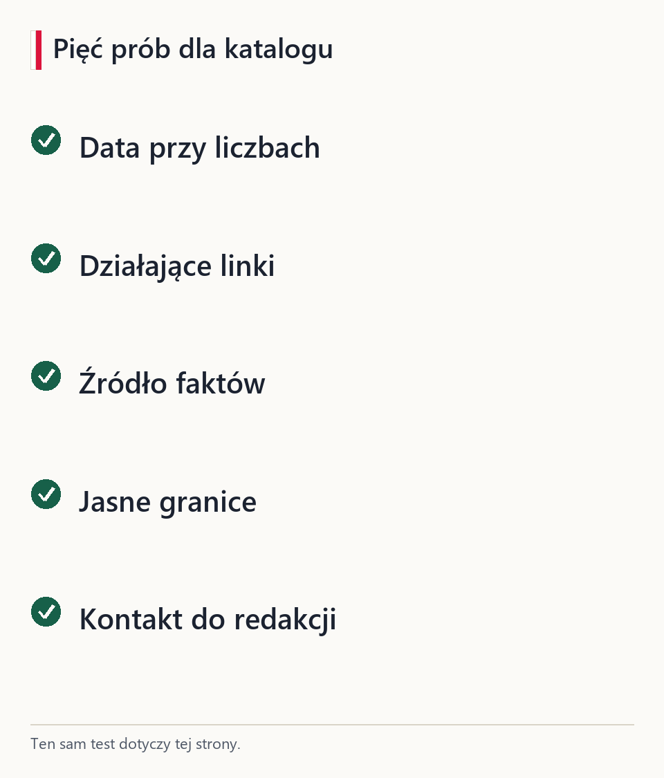 Pięć prób dla katalogu produktów: data przy liczbach, działające linki, źródło faktów, jasne granice i kontakt do redakcji