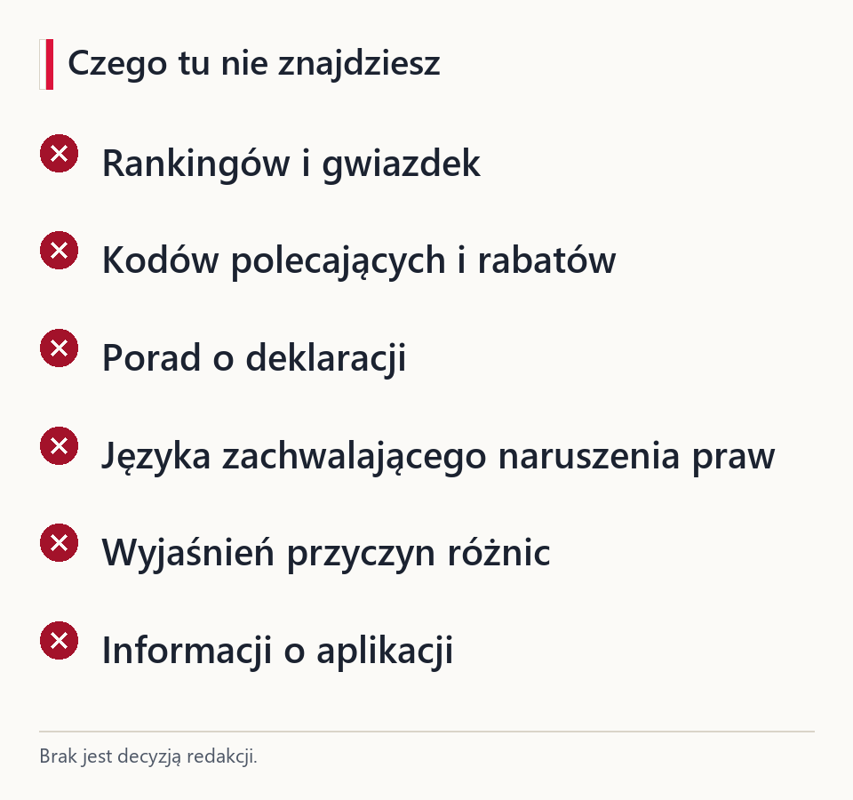 Karta zasad przewodnika: bez rankingów, bez kodów polecających, bez porad o deklaracji, bez wyjaśniania przyczyn, bez aplikacji